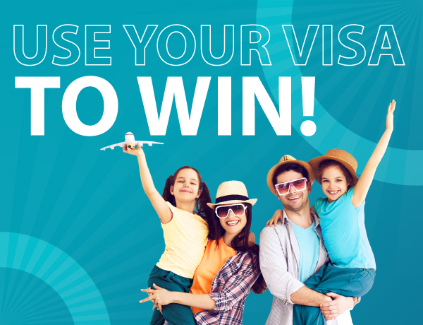excited family luggage going on vacation - promo words use your visa to win