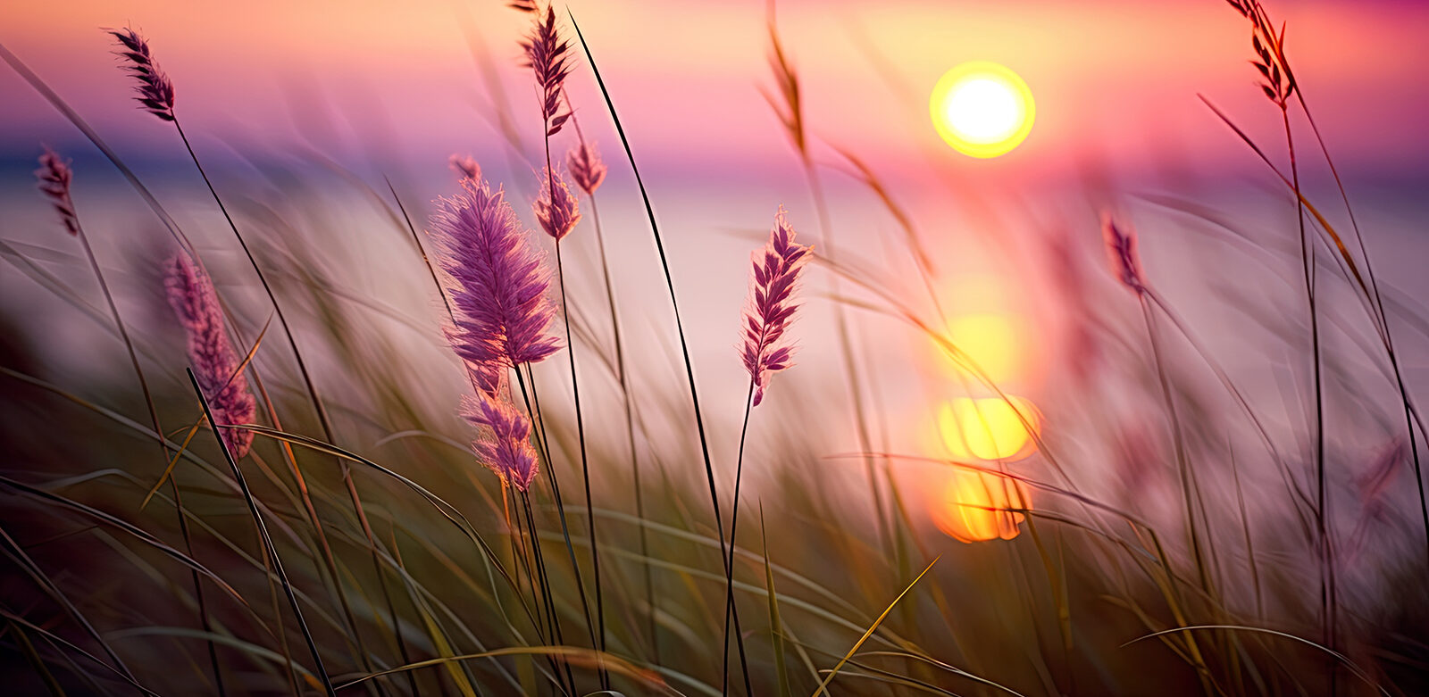 Dry grass and lakeside scene at sunset, blurred outdoor landscap