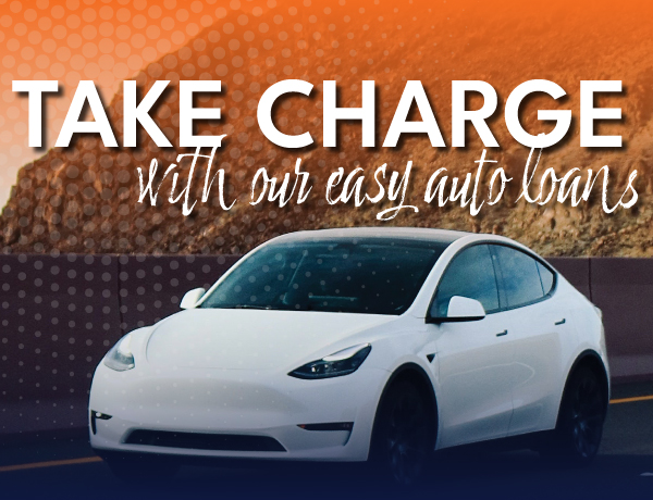 car on mountain road with words that read take charge with our easy auto loans